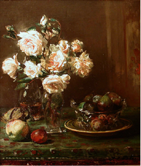 Roses dans un vase et coupe de figues